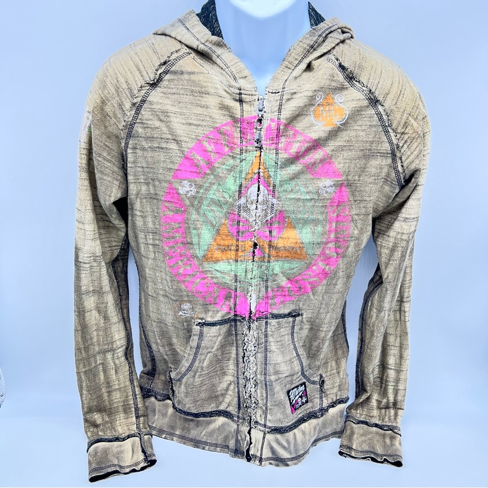 Affliction Reversible Women's Sweatshirt Gray/Black Graphic Zip-Up Pocket Hoodie